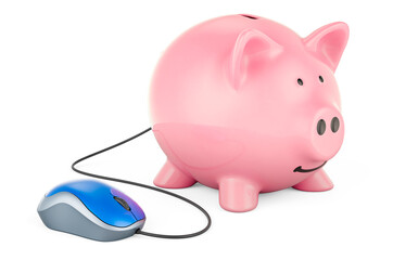 Piggy bank with computer mouse. Online bank, concept. 3D rendering