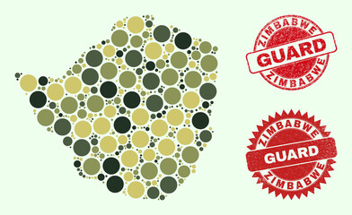 Vector round parts collage Zimbabwe map in camo colors, and corroded stamp seals for guard and military services. Round red seals include word GUARD inside.