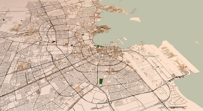 Satellite view Doha, Qatar. Map of the capital. Streets and state buildings. 3d rendering