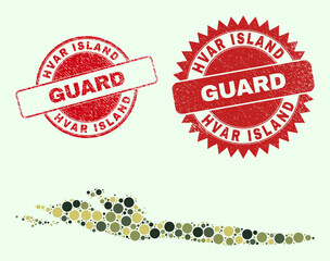 Vector round items mosaic Hvar Island map in khaki colors, and scratched seals for guard and military services. Round red seals include phrase GUARD inside.