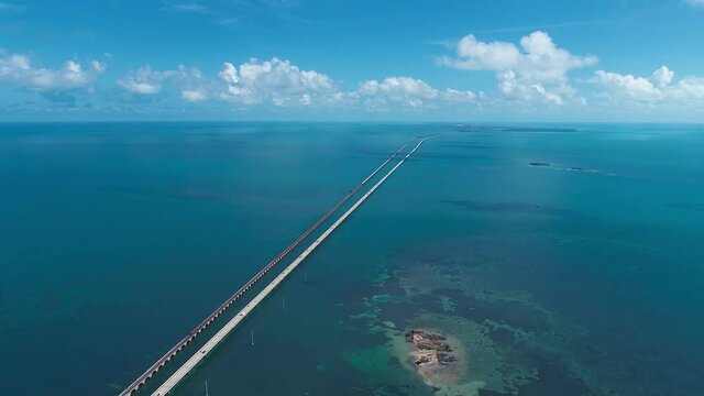Key West: 7 Mile Bridge, Florida Keys, United States. Aerial view of bridge and Islands near Key West, Florida Keys. Travel highway road. Freeway road. Coastal road.