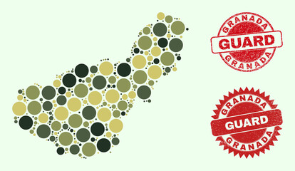 Vector round parts collage Granada Province map in camouflage hues, and grunge stamp seals for guard and military services. Round red stamp seals contain phrase GUARD inside.