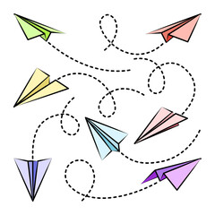 Various hand drawn paper planes. Colorful doodle airplanes with dotted route line. Aircraft icon, simple plane silhouettes. Outline, line art. Vector illustration.