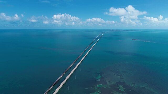 Key West: 7 Mile Bridge, Florida Keys, United States. Aerial view of bridge and Islands near Key West, Florida Keys. Travel highway road. Freeway road. Coastal road.
