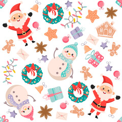Seamless Christmas pattern with vector snowmen and Santa Claus