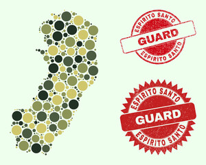 Vector spheric items collage Espirito Santo State map in camouflage colors, and scratched watermarks for guard and military services. Round red watermarks have phrase GUARD inside.