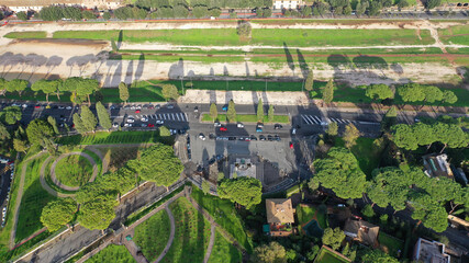 Aerial drone photo of Rome rose garden founded in 1931 offering unique and rare rose varieties from...