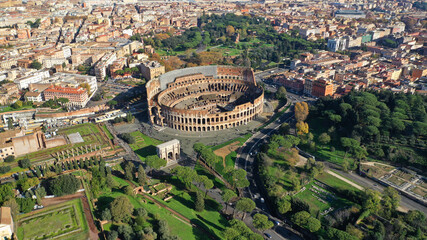 Fototapeta na wymiar Aerial drone photo of iconic ancient Roman Gladiatorial arena world famous Colosseum, Rome historic centre, Italy