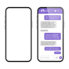 Realistic smartphone with messaging app. SMS text frame. Conversation chat screen with violet message bubbles and placeholder text. Social media application. Vector illustration.