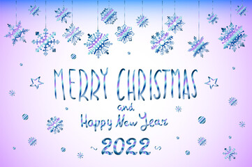 merry Christmas typography metallic, handwriting Happy New Year 2022. snow Background. Decorative design elements. Celebrate party Poster, banner, greeting card. Snowflake Vector illustration.