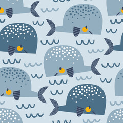 Blue Yellow Whale in the waves vector seamless pattern. Cute ocean creatures background. Scandinavian decorative childish surface design for nautical nursery and navy kids fabric.