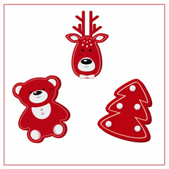 Christmas card with Christmas toys Christmas tree, bear, elk. Red and white flat vector illustration isolated on white background.