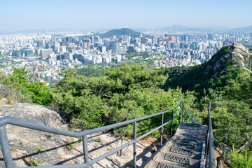 Fototapeta na wymiar Mountain Ridge Trail with Stunning View of Downtown Seoul in the Distance - Seoul, South Korea