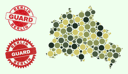 Vector round elements composition Berlin City map in khaki colors, and dirty seals for guard and military services. Round red imprints have phrase GUARD inside.