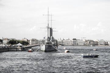 Towage of a historical cruiser Aurora to a place of repair in dock, St.-Petersburg, Russia