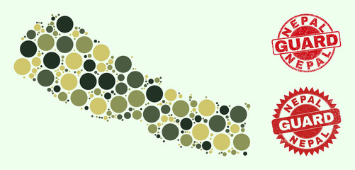 Vector spheric items composition Nepal map in camo hues, and unclean stamps for guard and military services. Round red watermarks contain word GUARD inside.