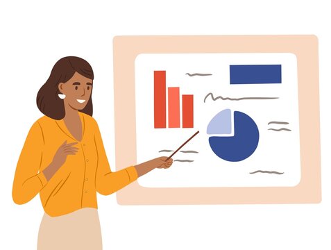 Female speaker pointing at presentation on white board during business seminar. Office worker showing report at whiteboard with pointer. Isolated flat graphic illustration of woman at flip chart