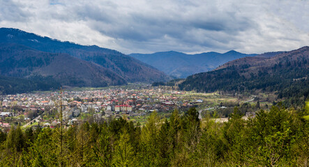 the panoramic aerial view of Skole town in Carpathian mountains, national park Skolivski beskidy, Ukraine