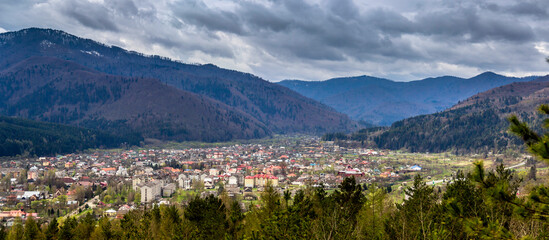 the panoramic aerial view of Skole town in Carpathian mountains, national park Skolivski beskidy, Ukraine