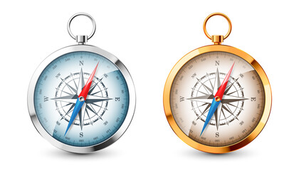 Realistic silver, golden vintage compass with marine wind rose and cardinal directions of North, East, South, West. Shiny metal navigational compass. Cartography and navigation. Vector illustration.