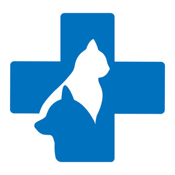 Illustration of a logo of a veterinary clinic. Dog and cat on a background of a medical cross.