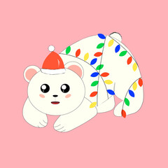 Polar bear in a Christmas hat with a garland on a pink background