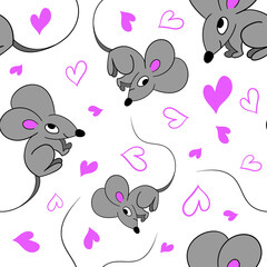 Cute cartoon mice and pink heart on white background. Seamless pattern. Vector illustration.