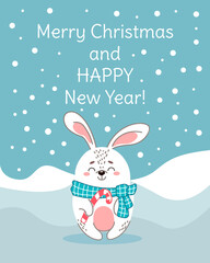 Vector illustration for the New Year and Christmas with a rabbit and a candy cane