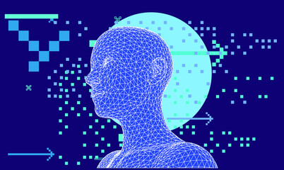 3D low poly wireframe model of a human head made of triangular pieces. Concept illustration of Artificial intelligence and Neural Network.