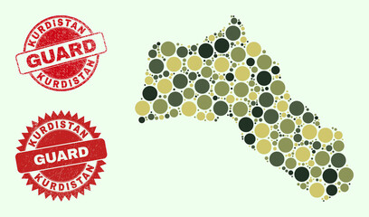 Vector circle elements mosaic Kurdistan map in khaki hues, and corroded seals for guard and military services. Round red stamp seals contain phrase GUARD inside.