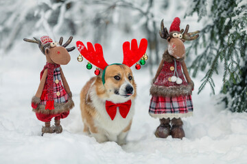 corgi dog puppy in masquerade horns next to Santa's toy reindeer stands in the New Year's park in...