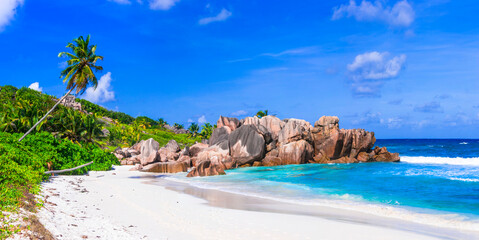 One of the most scenic and beautiful tropical beach in the world - Anse Cocos in  La Digue island, Seychelles © Freesurf