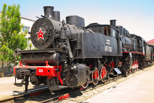 The old shunting steam tank locomotive 9P in the Museum of Railway Transport. It was produced in the Soviet Union from 1935 to 1957. Rostov-on-Don, Russia.