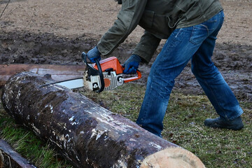 man holds chainsaw and saws log. The chain saw is in motion. Production of log cabins. Deforestation. Sawing wood