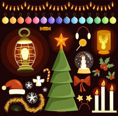 A set of Christmas items and decorations. Spruce, garland, balls, lanterns, candies, candles, hats.