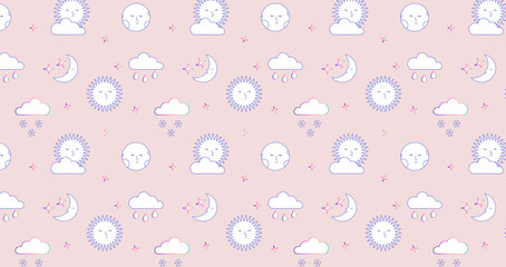 Weather element seamless pattern. Pink wallpaper with sun, moon, clouds and stars.