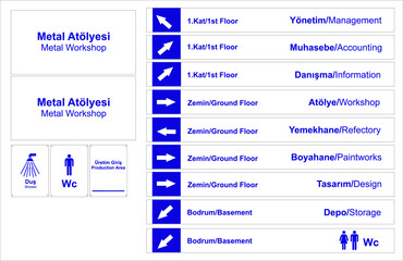 Turkish signage models, genel müdür, muhasebe, satış ofisi, kapalı Havuz, mutfak, bay wc, bayan wc - translation: general manager, accounting, sales office, kitchen, bay wc, lady wc, Indoor Pool.