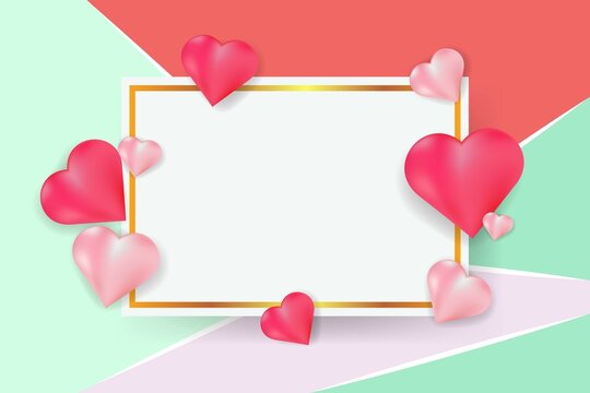Frame with pink hearts on pink, green background.