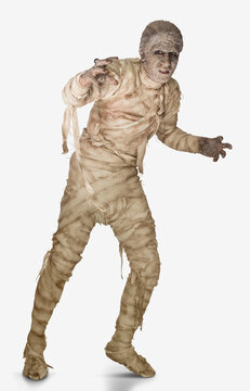 Portrait of a person dressed as a mummy for Halloween, wrapped in bandages slowly moving towards camera with arms out, against white background