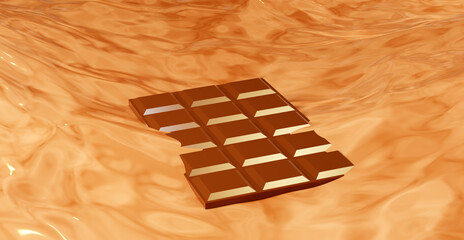 Bar of chocolate in a hot cappuccino or latte. Melting chocolate, 3d render. Chocolate, abstract background