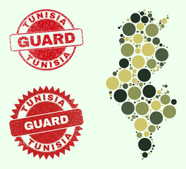 Vector round items composition Tunisia map in camo colors, and grunge watermarks for guard and military services. Round red stamps contain phrase GUARD inside.