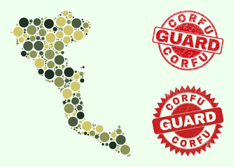 Vector circle items composition Corfu Island map in khaki colors, and unclean stamps for guard and military services. Round red seals include phrase GUARD inside.