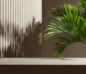Minimal modern product display on neutral beige background with podium with palm leaves, still life object placement 3d rendering