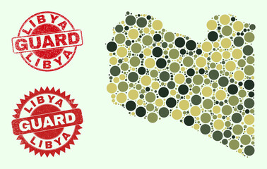 Vector circle items collage Libya map in camouflage hues, and unclean stamp prints for guard and military services. Round red stamp seals have word GUARD inside.