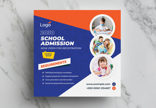 School Admission Social Media Template with Blue Accents