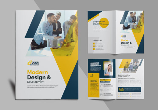 Corporate Bi Fold Brochure Template with Yellow & Dark Vector Accents