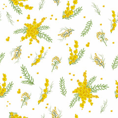 Fototapeta na wymiar realistic seamless pattern with yellow mimosa flowers. a hand-drawn botanical pattern in a minimalist style. spring art wallpaper for print, paper. vector art illustration.