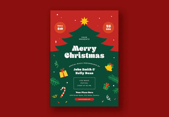 Red Christmas Party Flyer with Christmas Tree Illustration