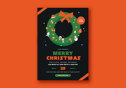 Black Christmas Party Flyer with Wreath Illustration
