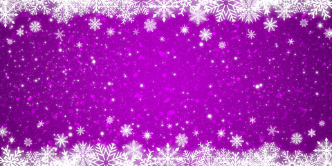 Frame of white snowflakes on a snowy purple background. Christmas banner